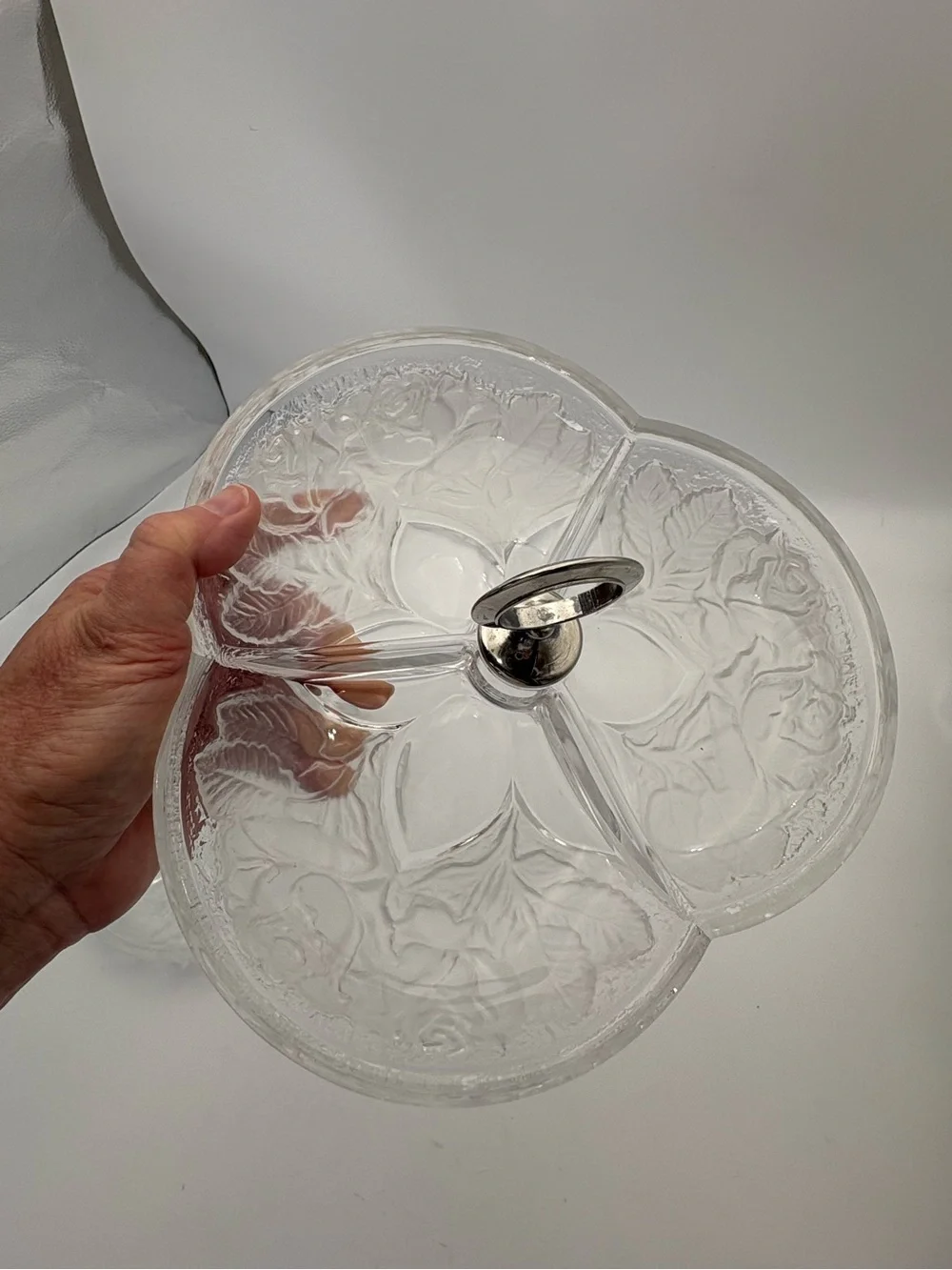 Gorgeous Vintage Crystal Divided Serving Dish Pair In Frosted Rose Pattern
